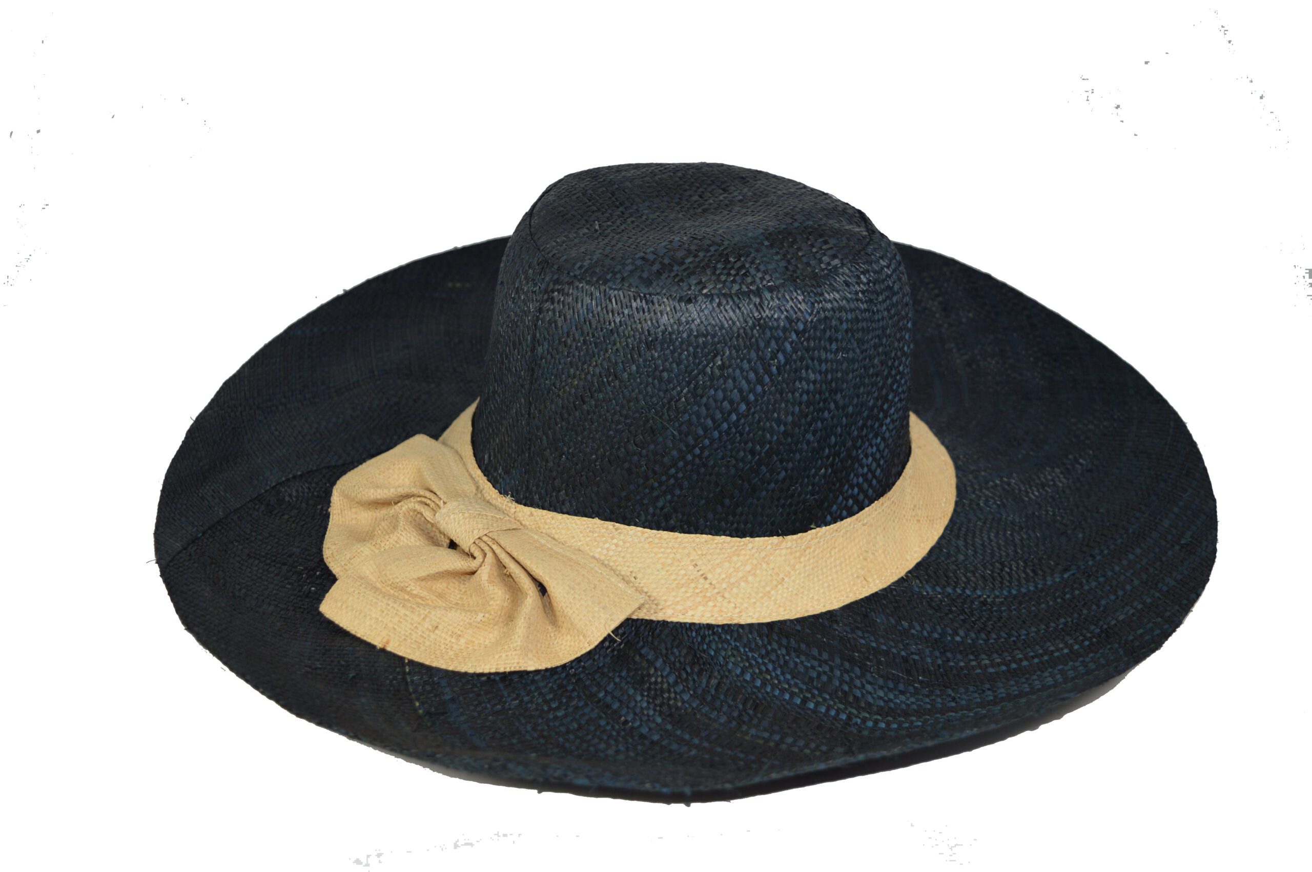 Raffia Sun Hat with Bow – 12 cm Brim – Black with beige bow – RA201B