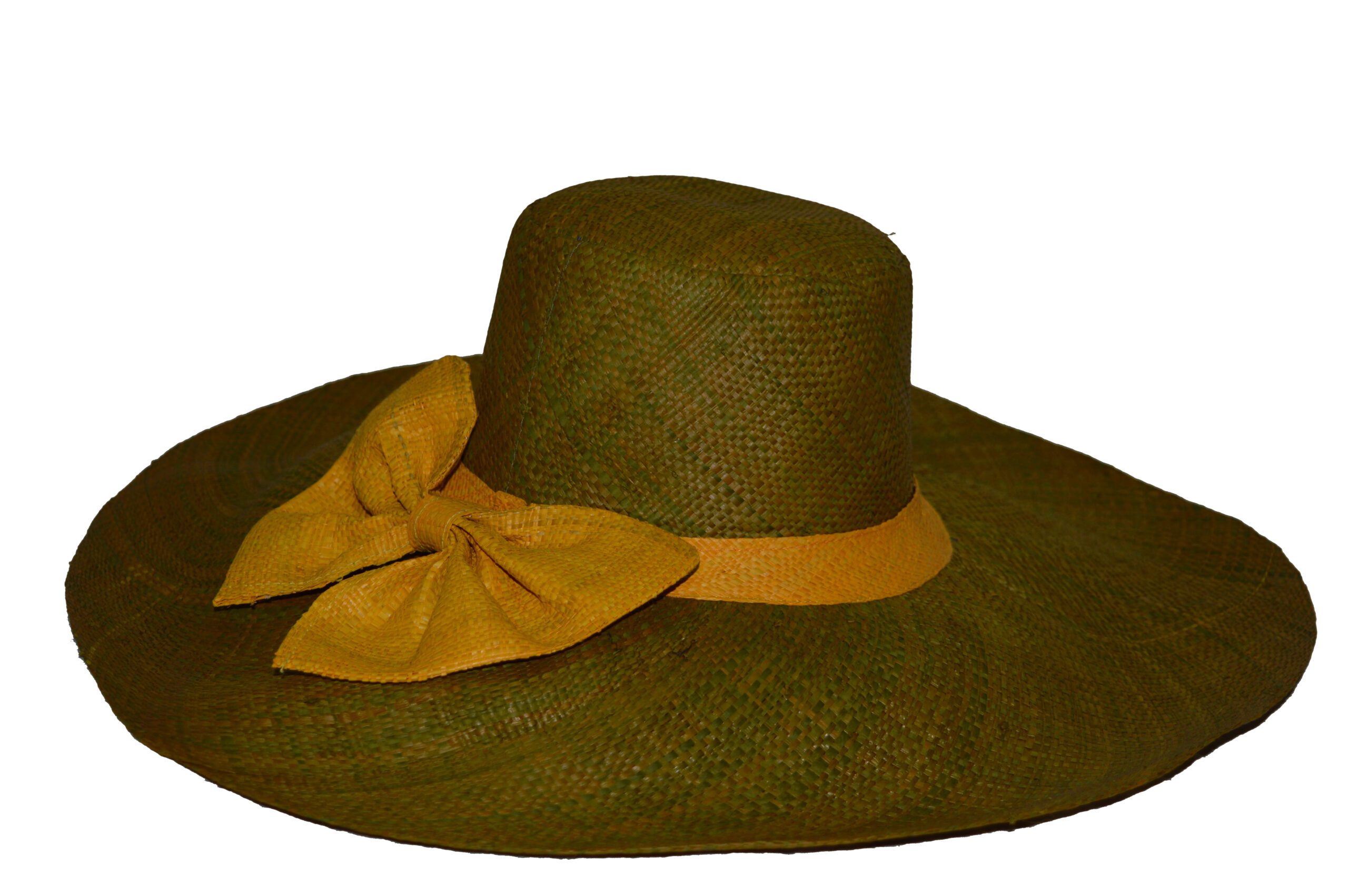 Wide-Brim Raffia Hat with Large Bow – 16 cm – Olive with yellow bow – RA201C