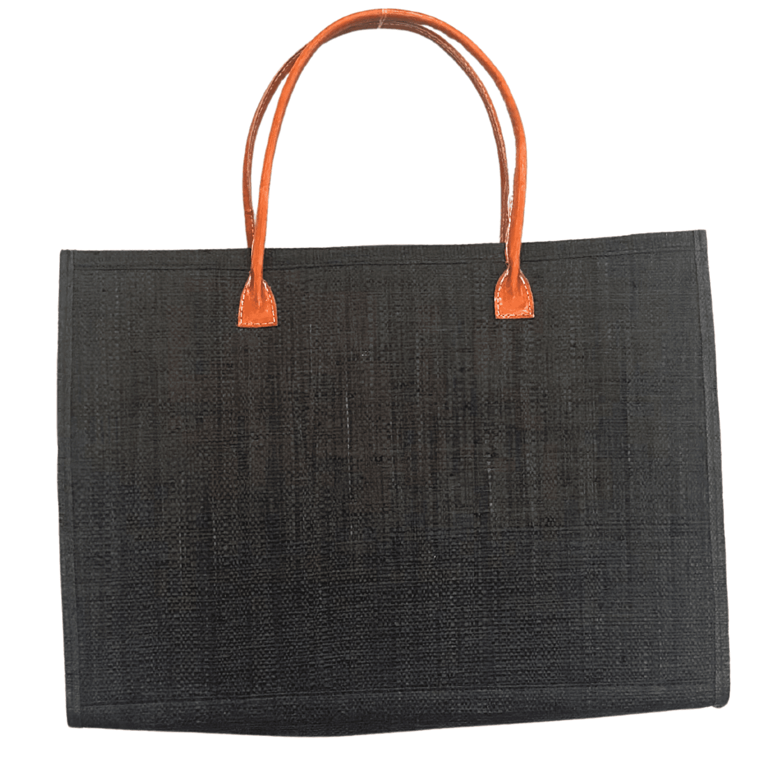 Rectangular Raffia Tote with Leather Handles – Black and natural weave – RA241