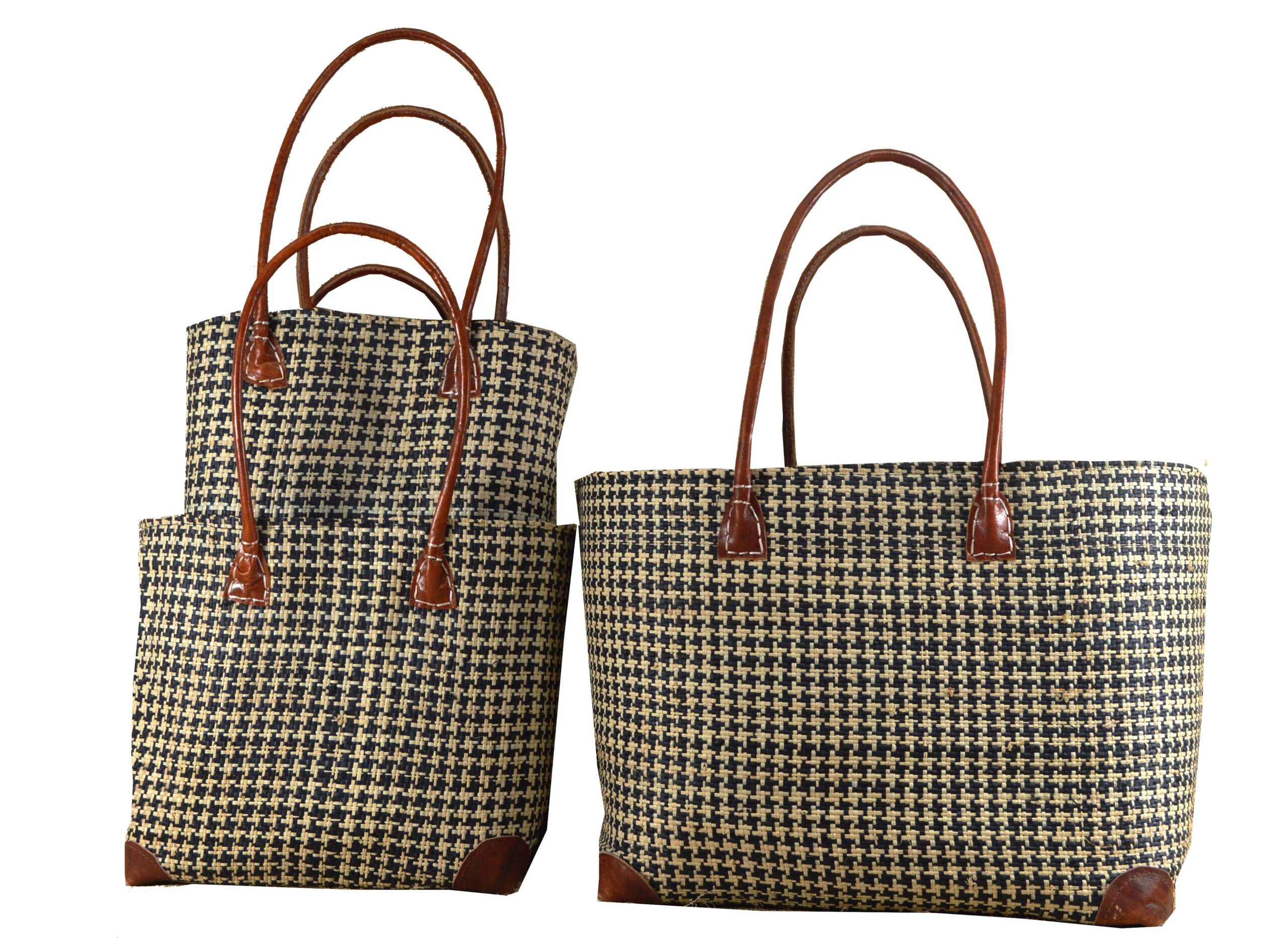 Houndstooth Raffia Beach Bags – Set of 3 – Black and natural – RA255