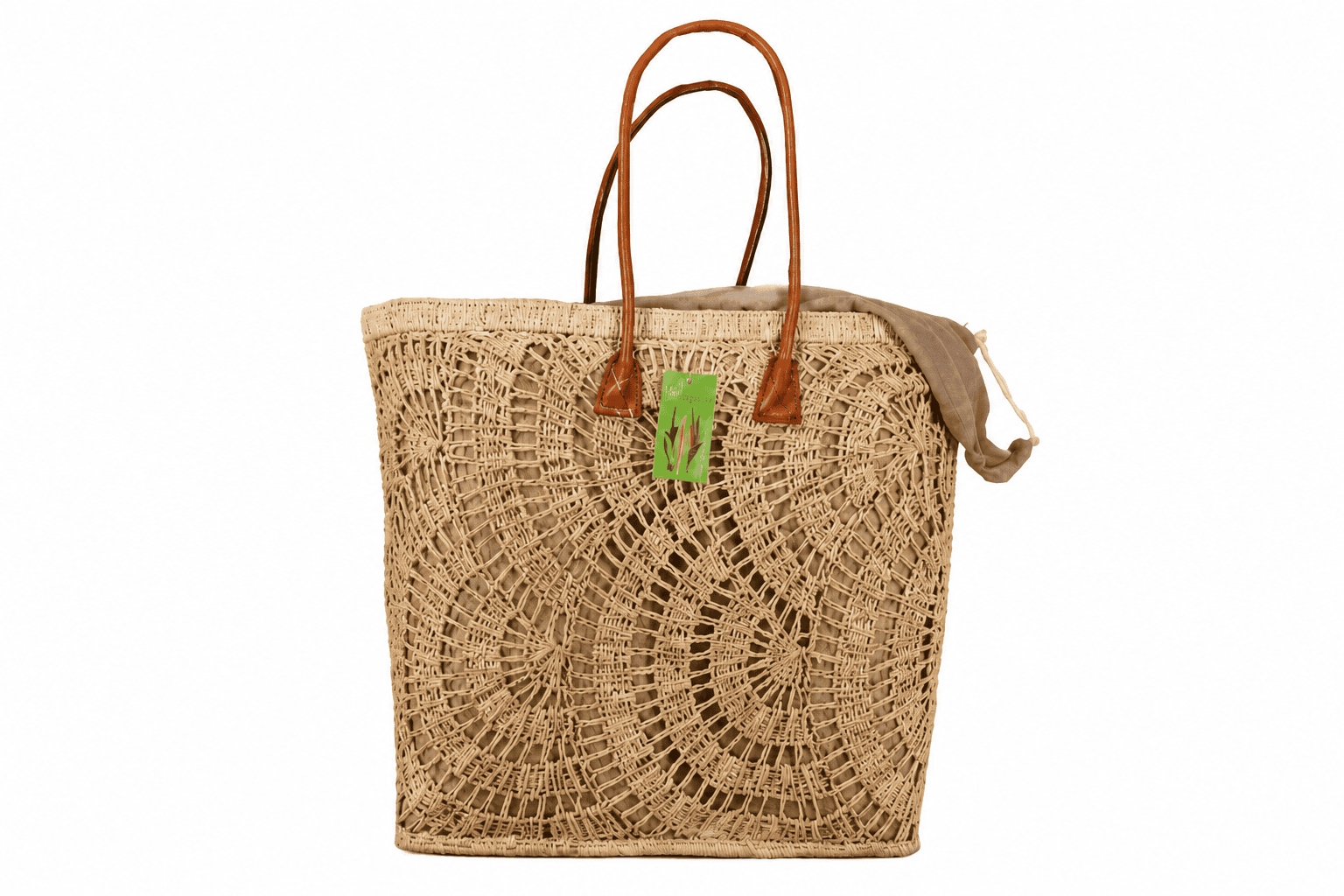Natural beige crochet raffia beach bag with leather handle — RA267
