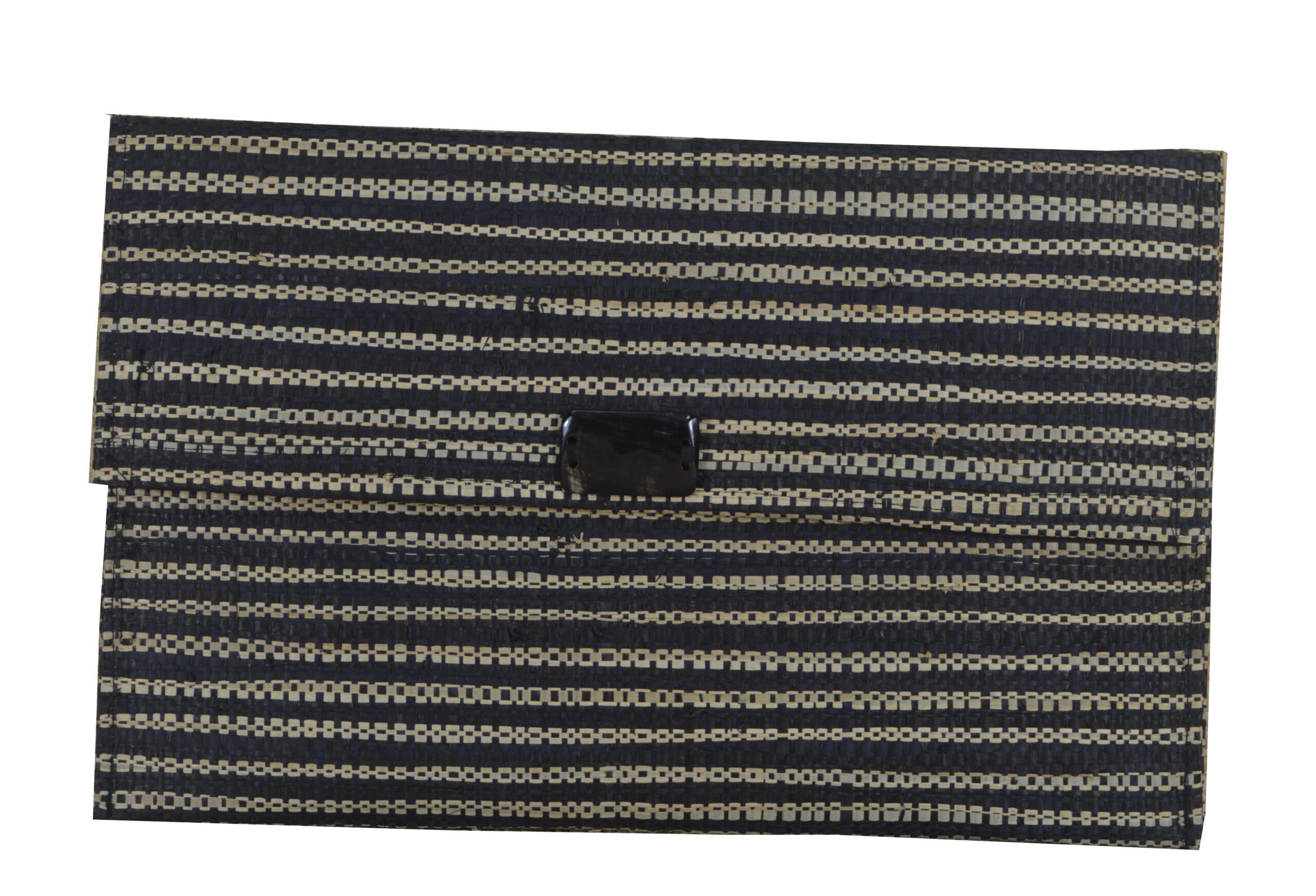 Large Raffia Clutch with Horn Button – Black and natural stripes – RA296