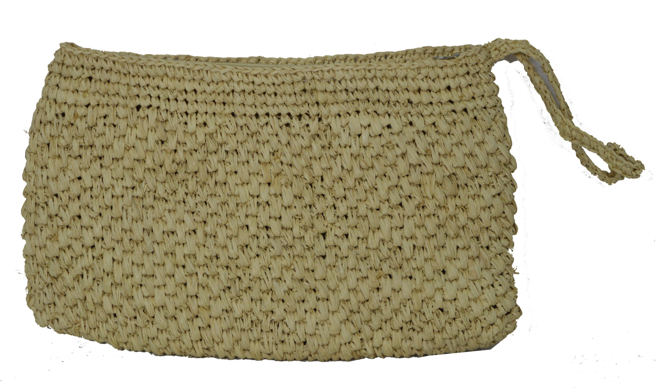 Crochet Raffia Cosmetic Pouch with Wrist Handle – Natural beige – RA335