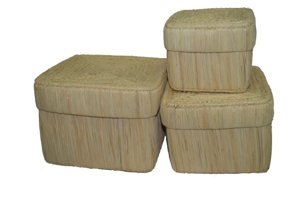 Square Natural Raffia Storage Box with Lid( Set of 3) - Image 2